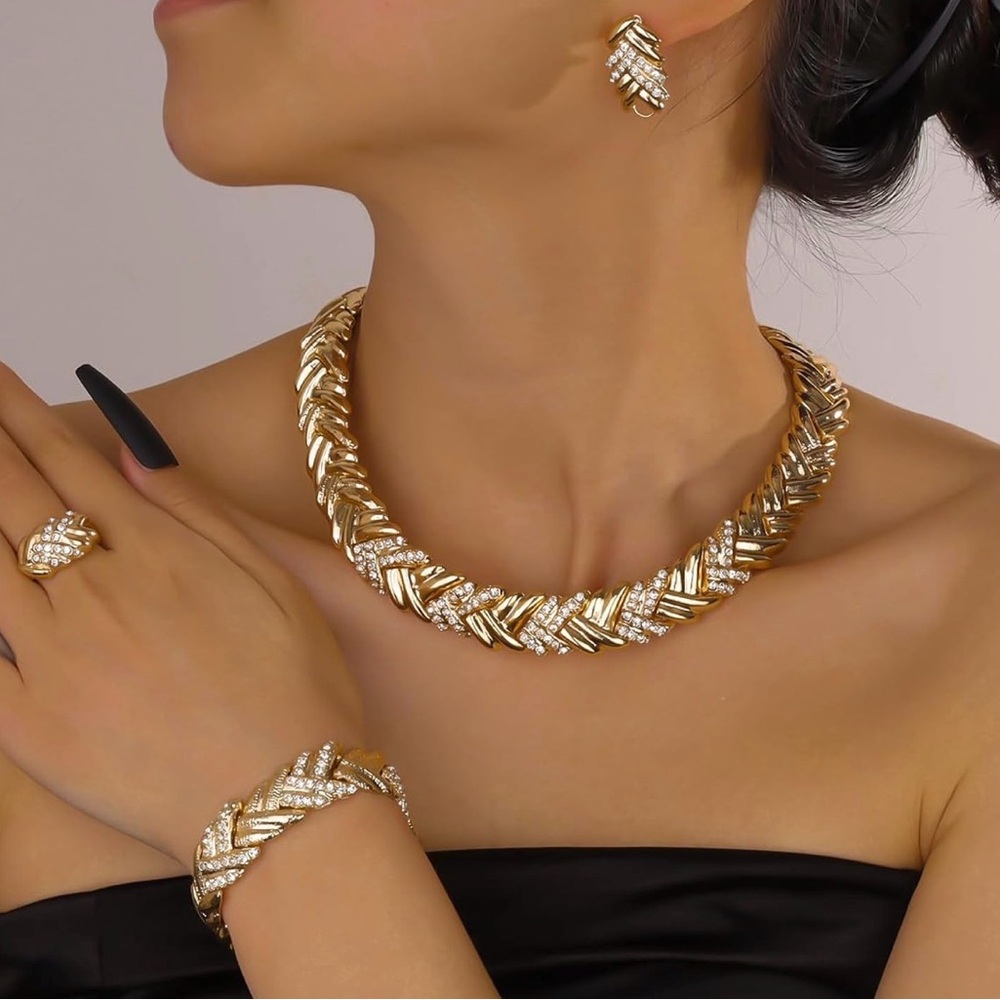 ✨ Dubai Gold Plated Wheat Style Jewelry Set Necklace Earrings Ring Bracelet